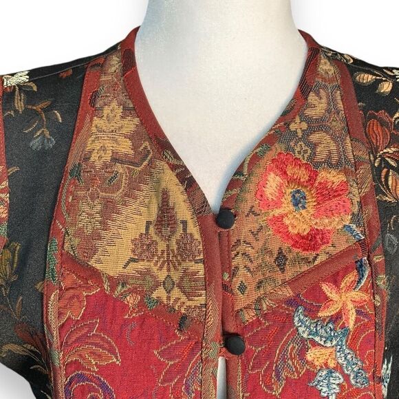 Vintage Coldwater Creek Vest Burgundy Floral Jacquard Tapestry Patchwork Asian - Picture 4 of 10